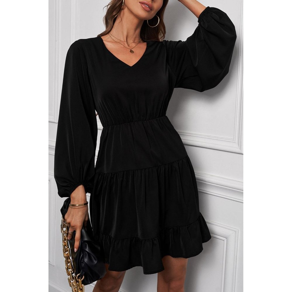 Black Tiered Ruffle Balloon Sleeve Dress